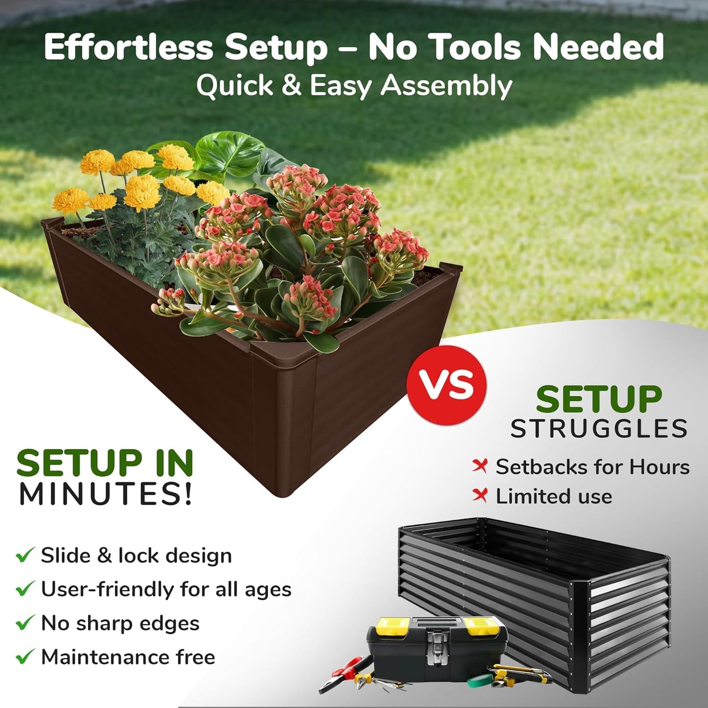 Raised Garden Bed - 2x4 ft Planter Box - Brown HDPE - No Tools Needed - DIY Kit for Urban Gardening, Flowers, Herbs & Vegetables - Made in The USA