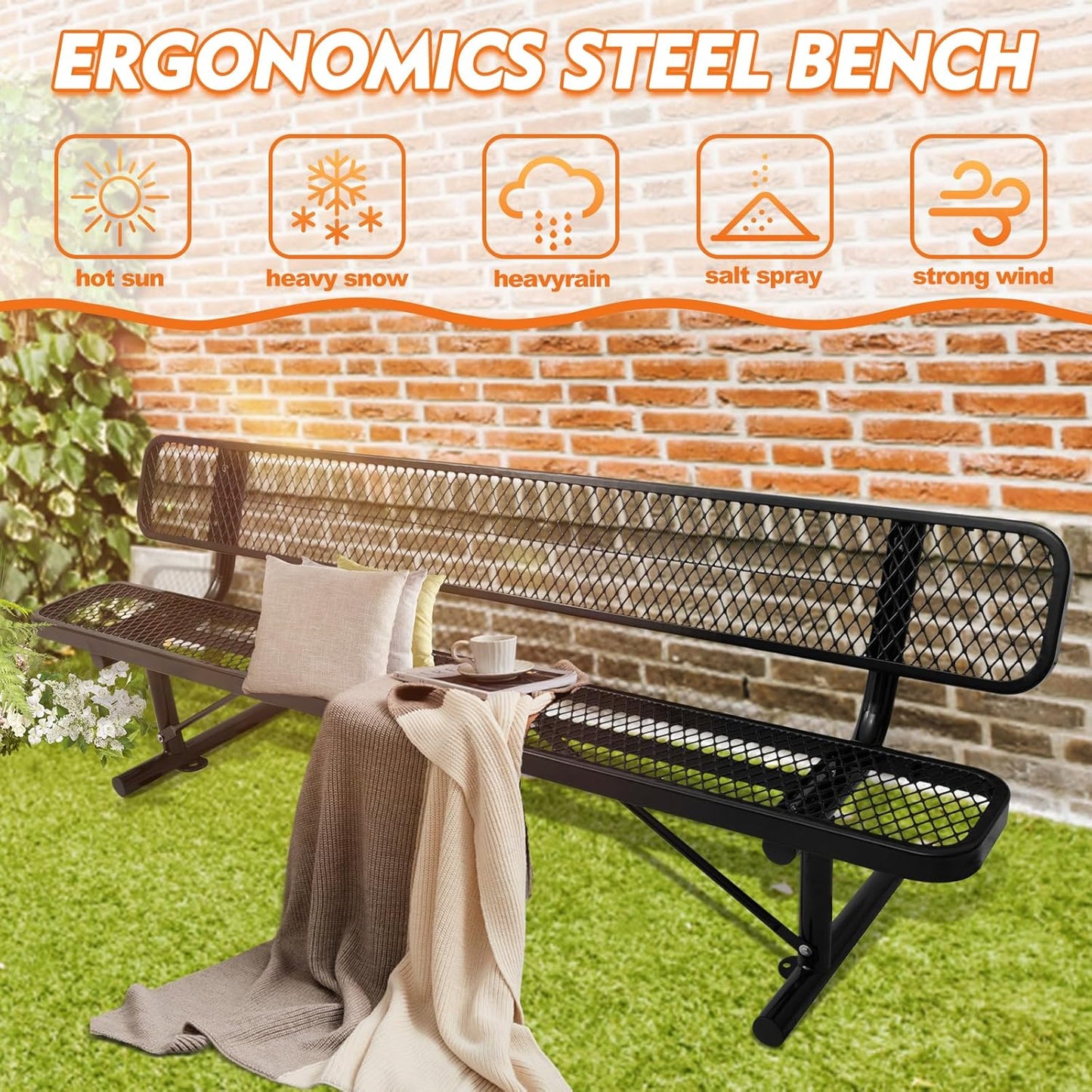 8Ft Outdoor Bench with Back Portable Frame, Outdoor Steel Park Bench with Backrest, Expanded Metal Mesh Bench for Outside, Lawn, Backyard, Park, Deck, Garden, Patio, Porch, Black