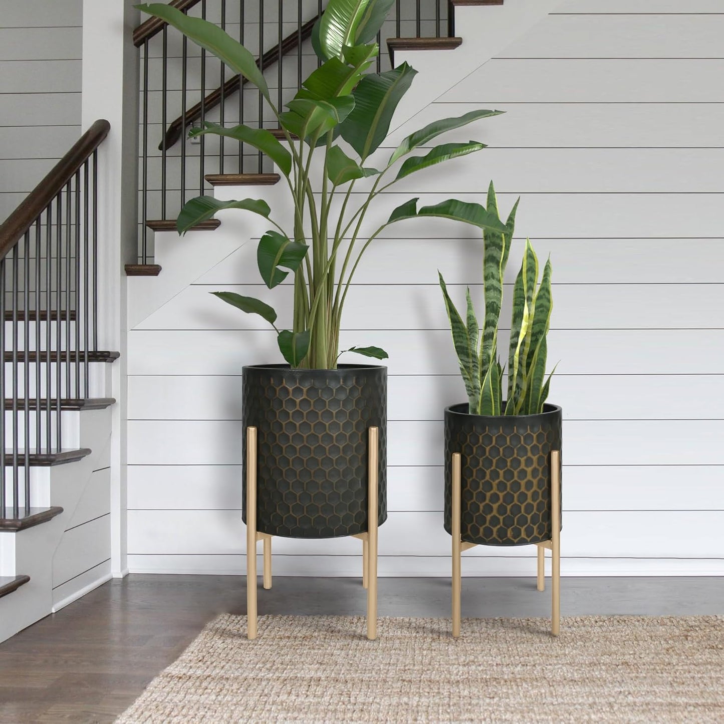Oakrain Mid Century Planters for Indoor Plants, Set of 2, Modern Decorative Metal Pots for Living Room, Office, Garden or Balcony, Black&Golden Honeycomb, 10inch&12inch