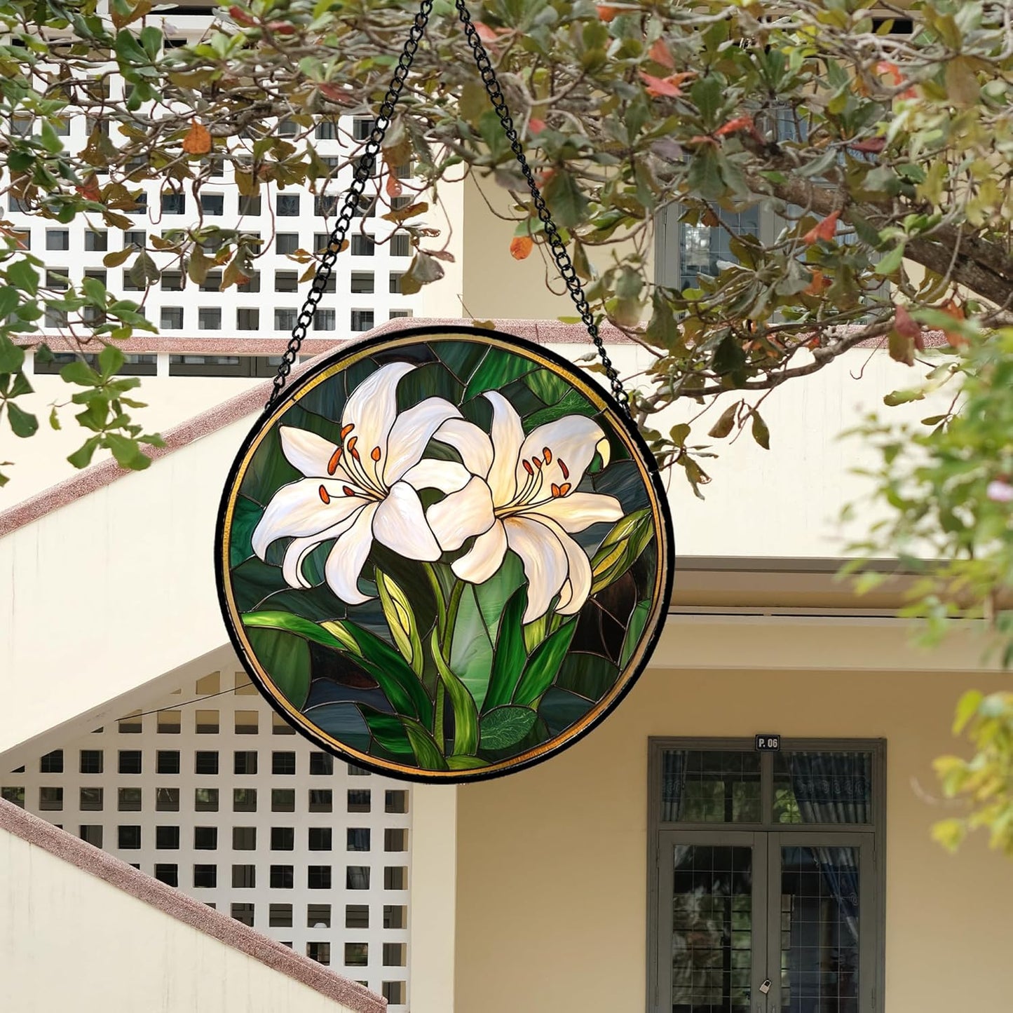 Stained Glass Window Hanging, White Lily Suncatcher for Door Garden Patio Birth Flower Green Plant Sun Catchers Decor Christmas Mother's Day Birthday Gifts for Women Mom Nana Friend 15 in