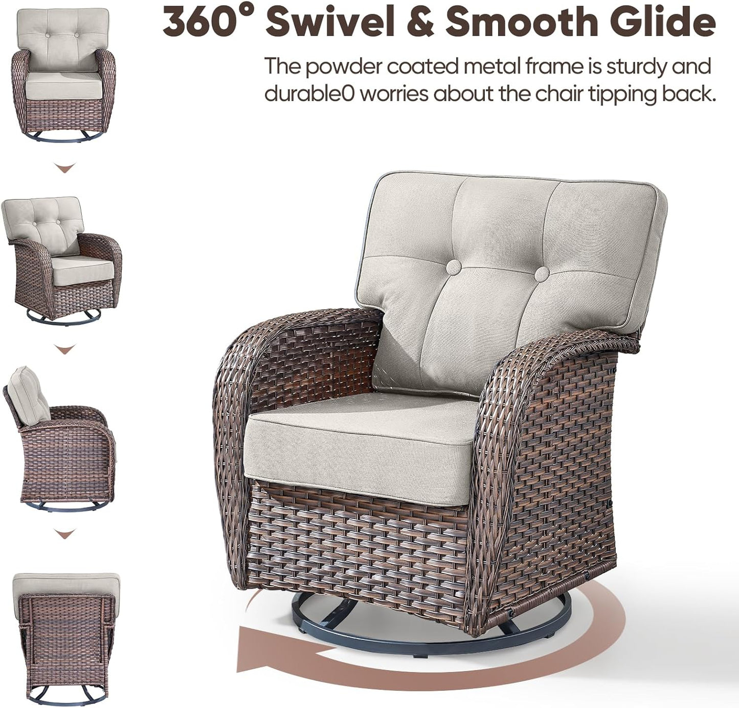 9-Piece Rotating Balcony Chair Set with 31-inch T-Shaped Wide backrest - Rattan Outdoor Rotating Balcony Chairs, Wide backrest Comfortable Outdoor Sliding Chair - Brown | Beige