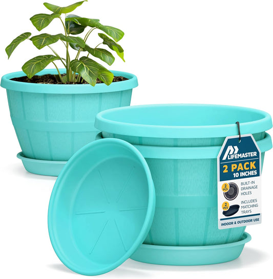10-Inch Whiskey Barrel Planters Outdoor Pack of 2 - Durable Plastic Plant Pots for Indoor & Outdoor Use with Drainage & Saucer, Lightweight Rustic Barrel Planters for Flowers, Herbs & Small Plants