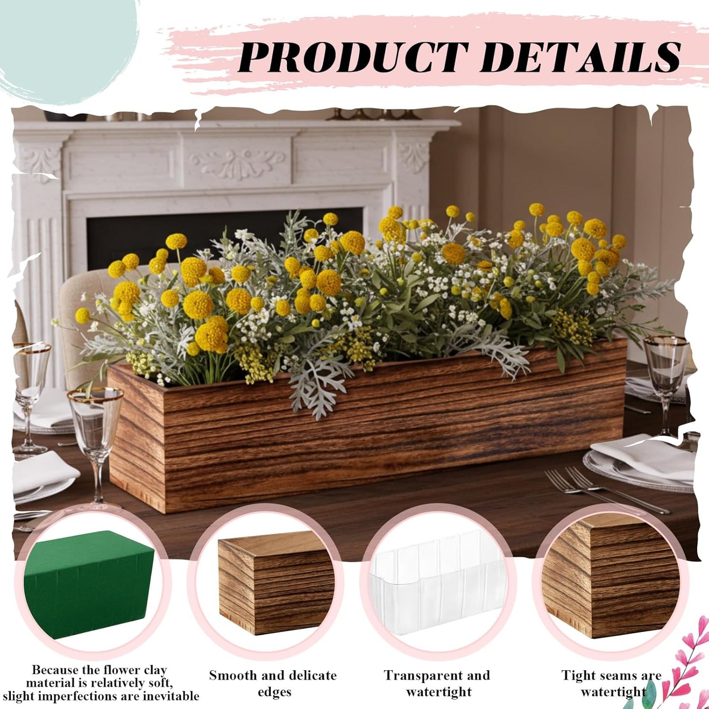 Dandat 2 Set Wood Boxes for Centerpieces 16x4 Inch Rectangle Wooden Planter Box Rustic Wood Planter with Removable Plastic Liner Floral Foam Blocks for Centerpieces Home Wedding Garden Decor