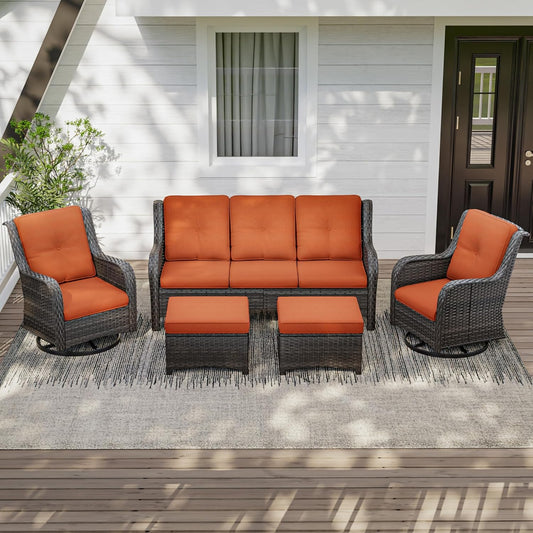 5 Pieces Outdoor Patio Furniture Set - Conversation Set Includes Wicker Swivel Rocker Chairs Set of 2, 2 Ottoman, 3-Seat Sofa, Suitable for Porch, Yard, Mixed Brown Rattan, Orange