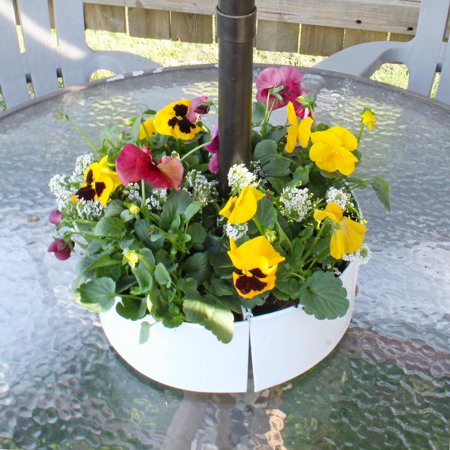 AuldHome Design Umbrella Planter for Patio Table w/Umbrella Hole (White), Enamelware Half-Circle Planter Pots