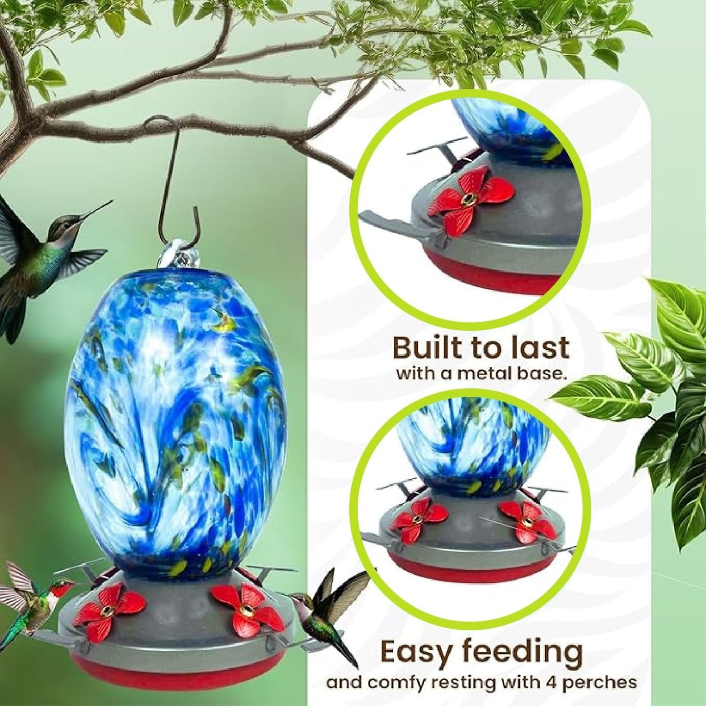Nature Gear Hummingbird Feeder, Hanging-Mount Glass Hummingbird Feeders for Outdoors, Hand-Blown Glass Feeder with Ant Moat for Garden Hummingbirds, Easy to Clean & Rust Resistant, Sky Blue