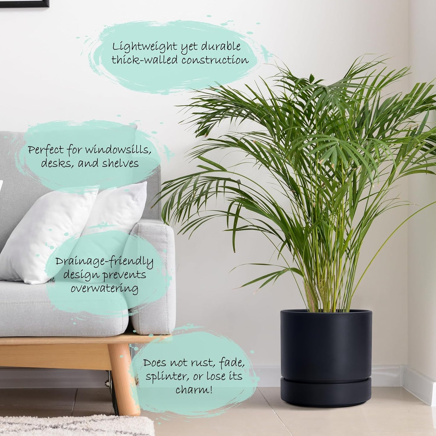 Phoenix Vine 8 Inch Planter Pot with Drainage Hole & Saucer, Deep Water Catch Tray, Straight Cylindrical Round Pot for Plants, Matte Black, Pack of 2, 23-C-T-2