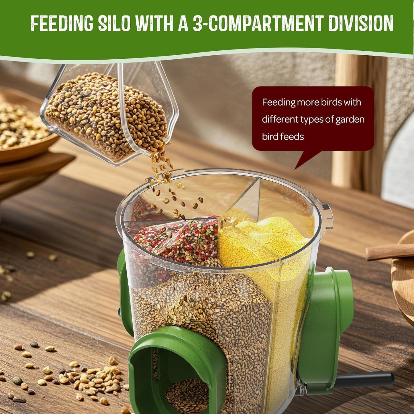 LONA Bird Feeders for Outdoors Hanging – 3 Separate Compartments, 3 Feeding Ports, Weatherproof Dome & 3 Ways to Hang, Large Capacity for Cardinals/Finches (Green