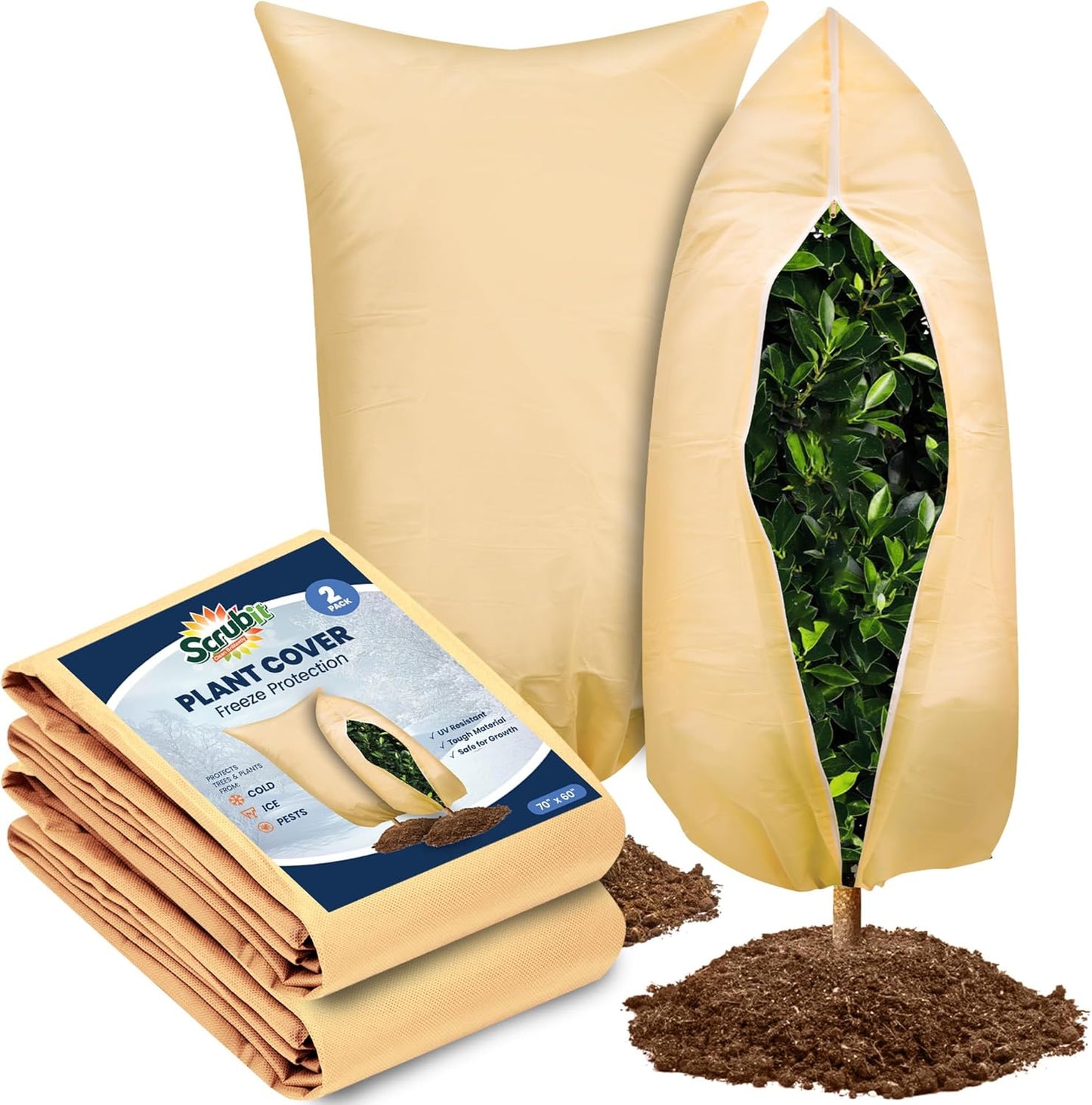 SCRUBIT Plant Covers Freeze Protection, 60 x 70 in. Frost Cloths for Outdoor Plants Fruit Trees & Shrubs with Zipper and Drawstring, Thick Winter Plant Covers - 2 Pack Tree Frost Blankets