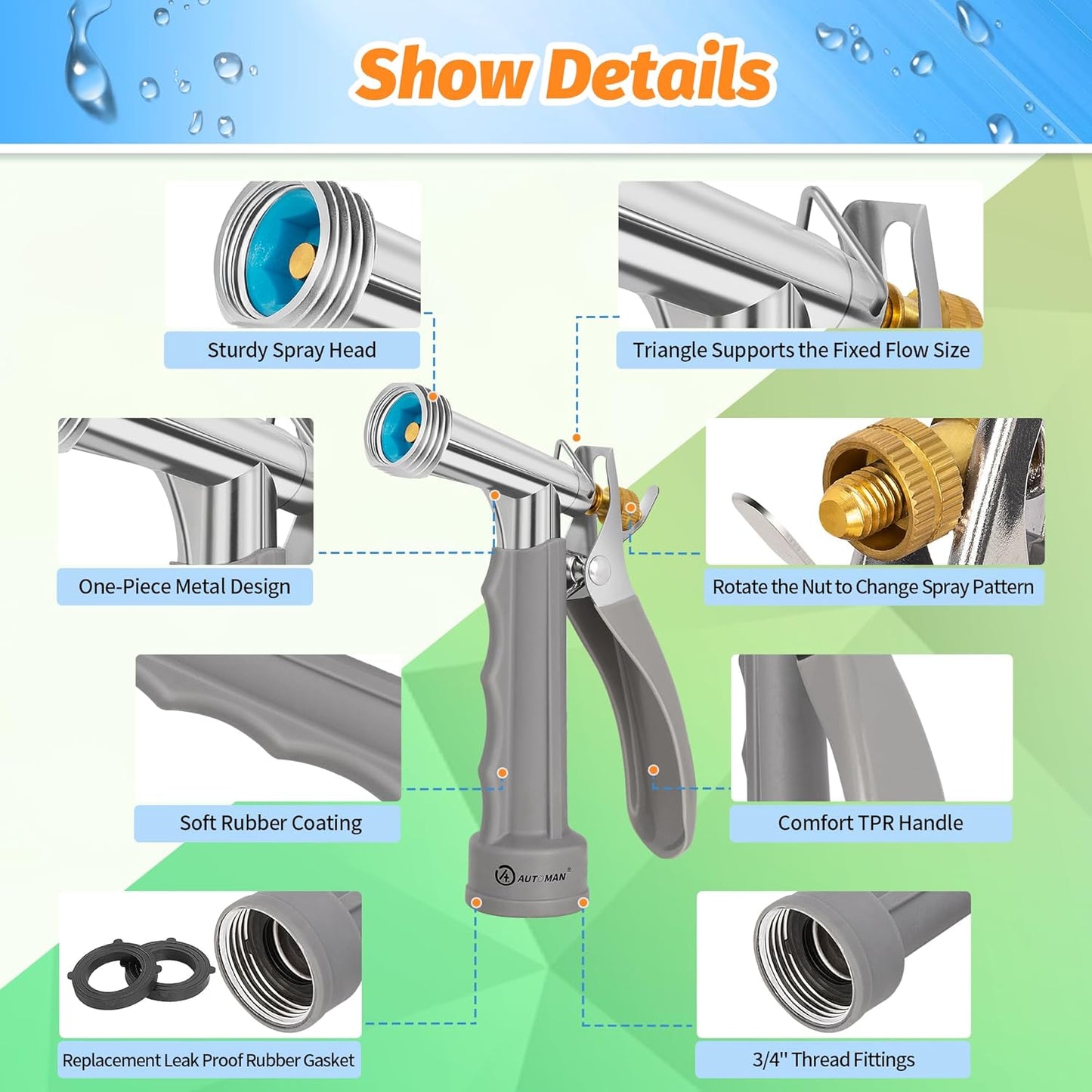 AUTOMAN Full Size Garden Hose Nozzle, High Pressure Pistol Grip Water Nozzle Sprayer with Threaded Front, Adjustable Spray Water Flow for Washing Car, Cleaning Ground, Watering Plants, Showering Pets