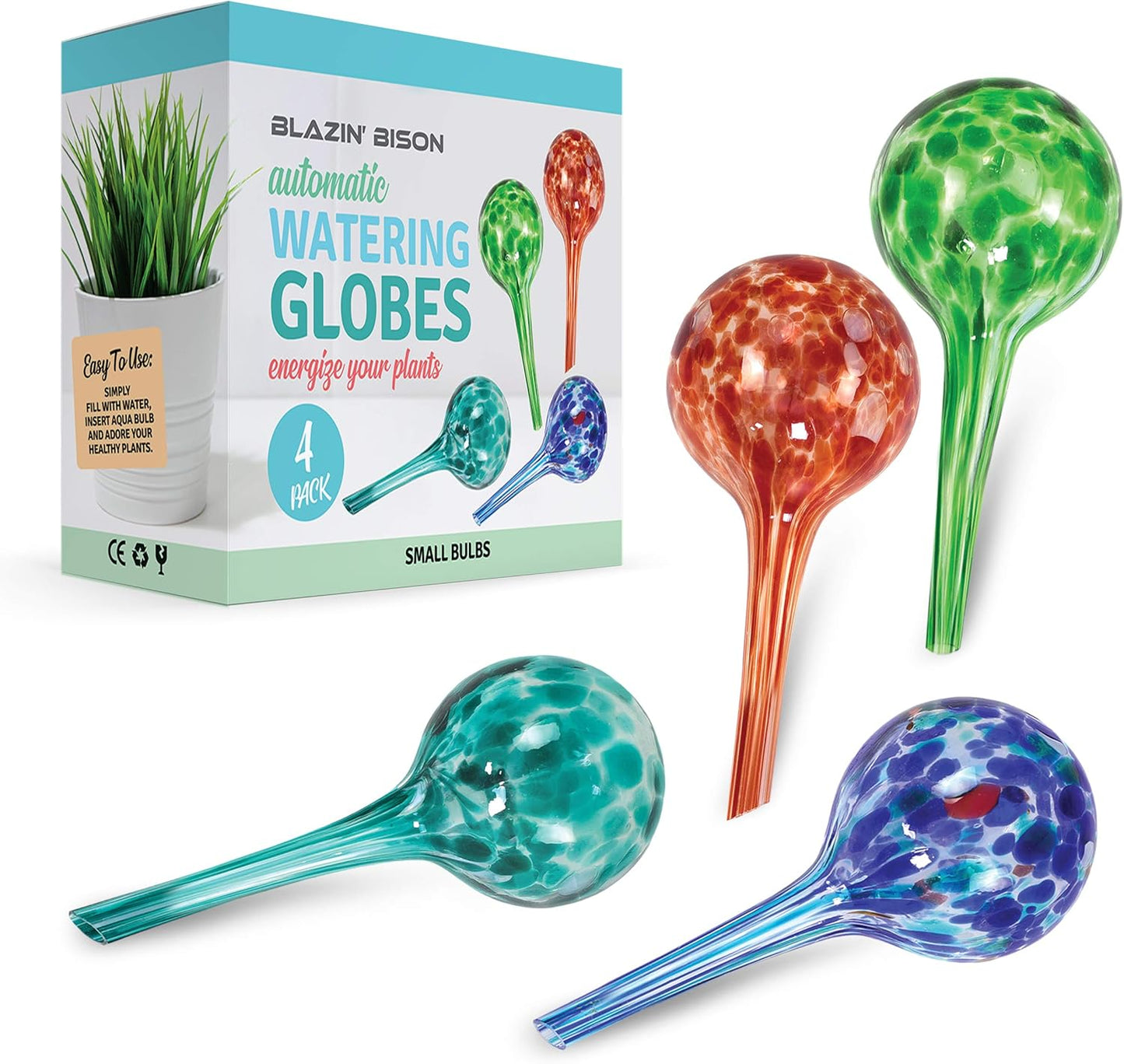Blazin Indoor Plant Watering Globes | Automatic Self Water Bulbs | Aqua Water Globe | Decorative Hand-Blown Glass | 4pc Deluxe Set (4, Small)