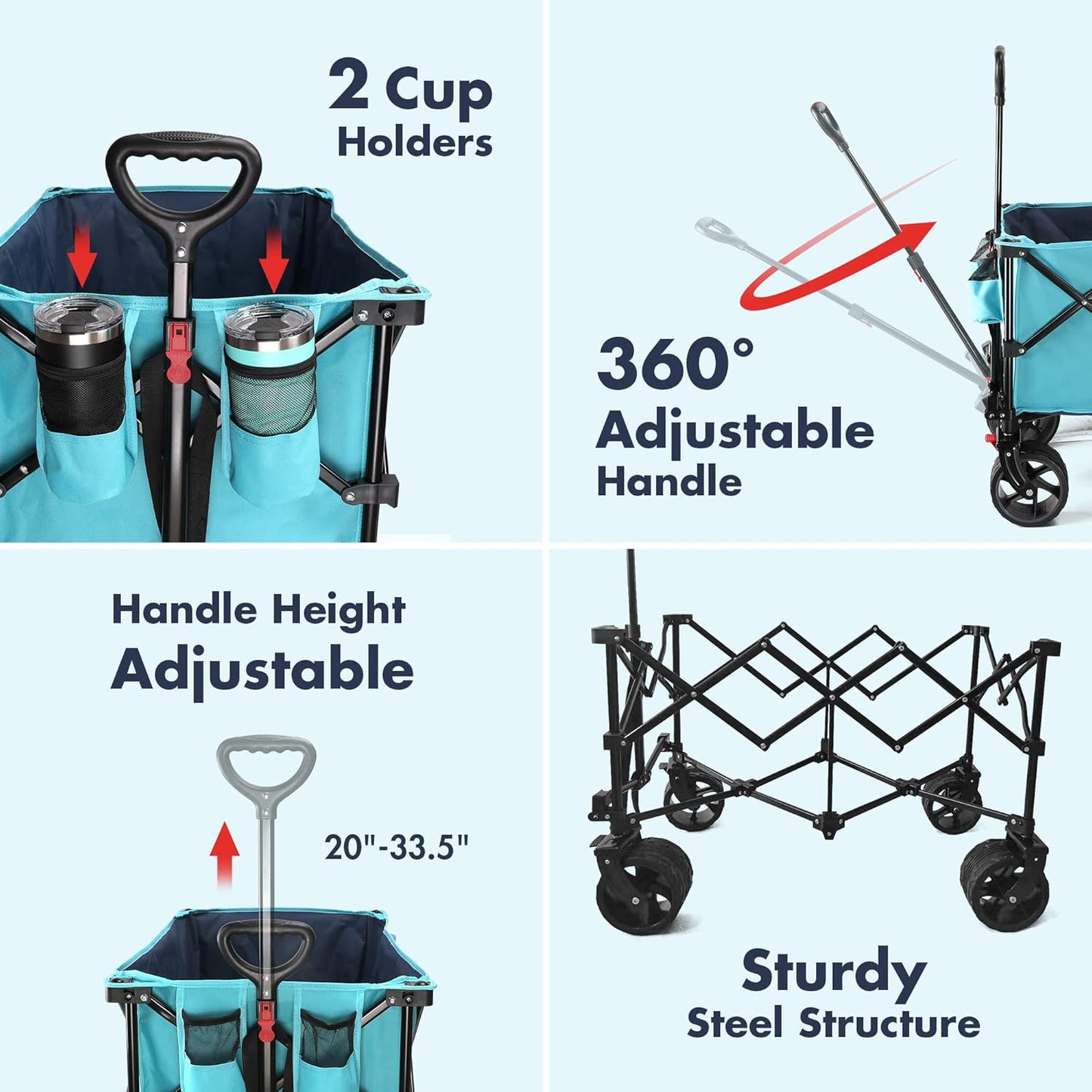 VILLEY Collapsible Folding Wagon with Big Wheels, All Terrain Beach Wagon Cart Heavy Duty Foldable, Enlarged 225lbs Capacity, Portable Utility Garden Cart with 2 Cup Holders and Brake, Blue