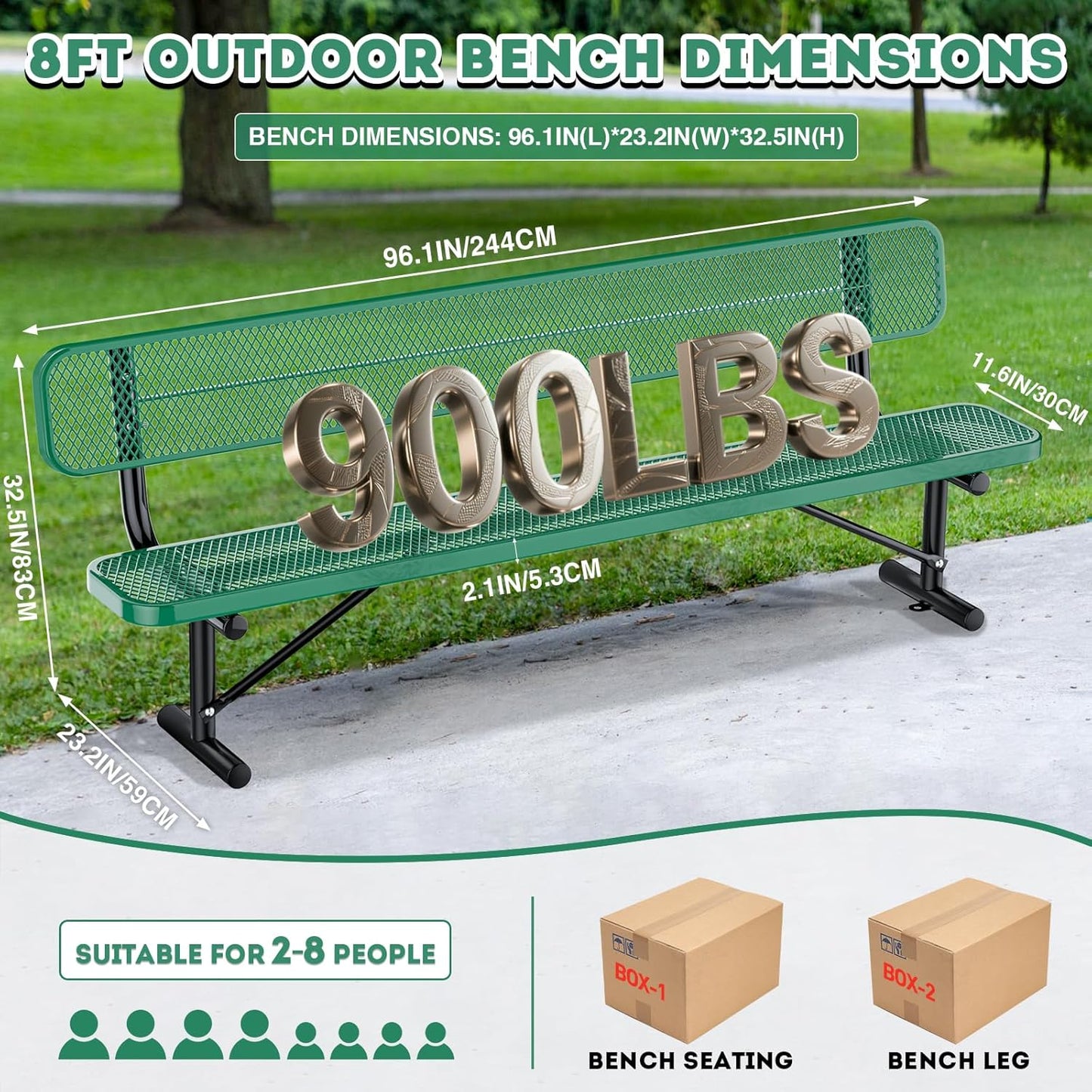 8Ft Outdoor Bench with Back Portable Frame, Outdoor Steel Park Bench with Backrest, Expanded Metal Mesh Bench for Outside, Lawn, Backyard, Park, Deck, Garden, Patio, Porch, Green