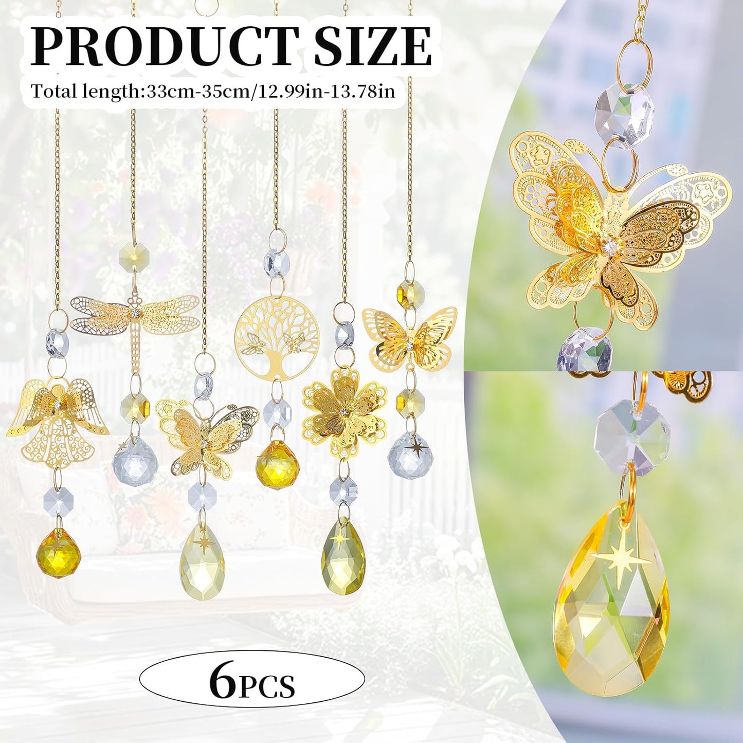 6pcs Yellow Crystal Suncatchers for Window Hanging Ornaments Garden Sun Catchers with Crystals Rainbow Maker Indoor Outdoor Decor