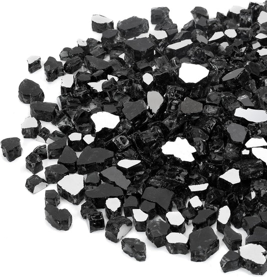 Mr. Fireglass 20 Pounds Black Reflective Fire Glass, 1/2 Inch High Luster Reflective Tempered Glass Rocks for Fire Pit Table Fireplace and Landscaping, Decorative Propane Gas Fireplace Glass Rocks