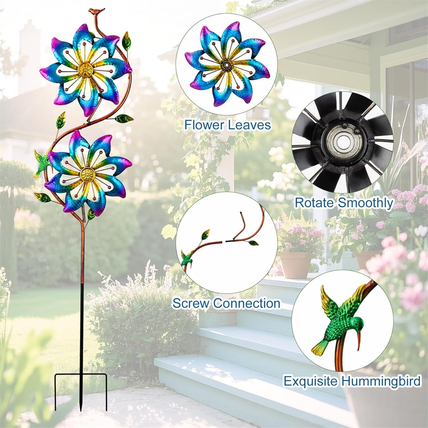 pearlstar Flower Wind Spinners Outdoor Metal Wind Sculpture Windmill Flower Pinwheel for Yard Lawn Patio Garden Decor