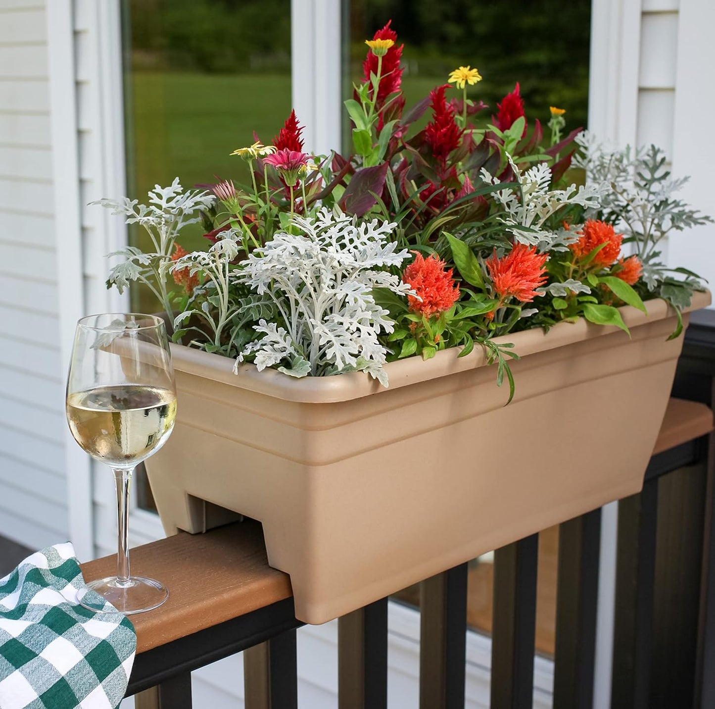 The HC Companies 24 Inch Deck Rail Box Planter Lightweight Outdoor Plastic Plant Pot for Herbs and Flowers, White