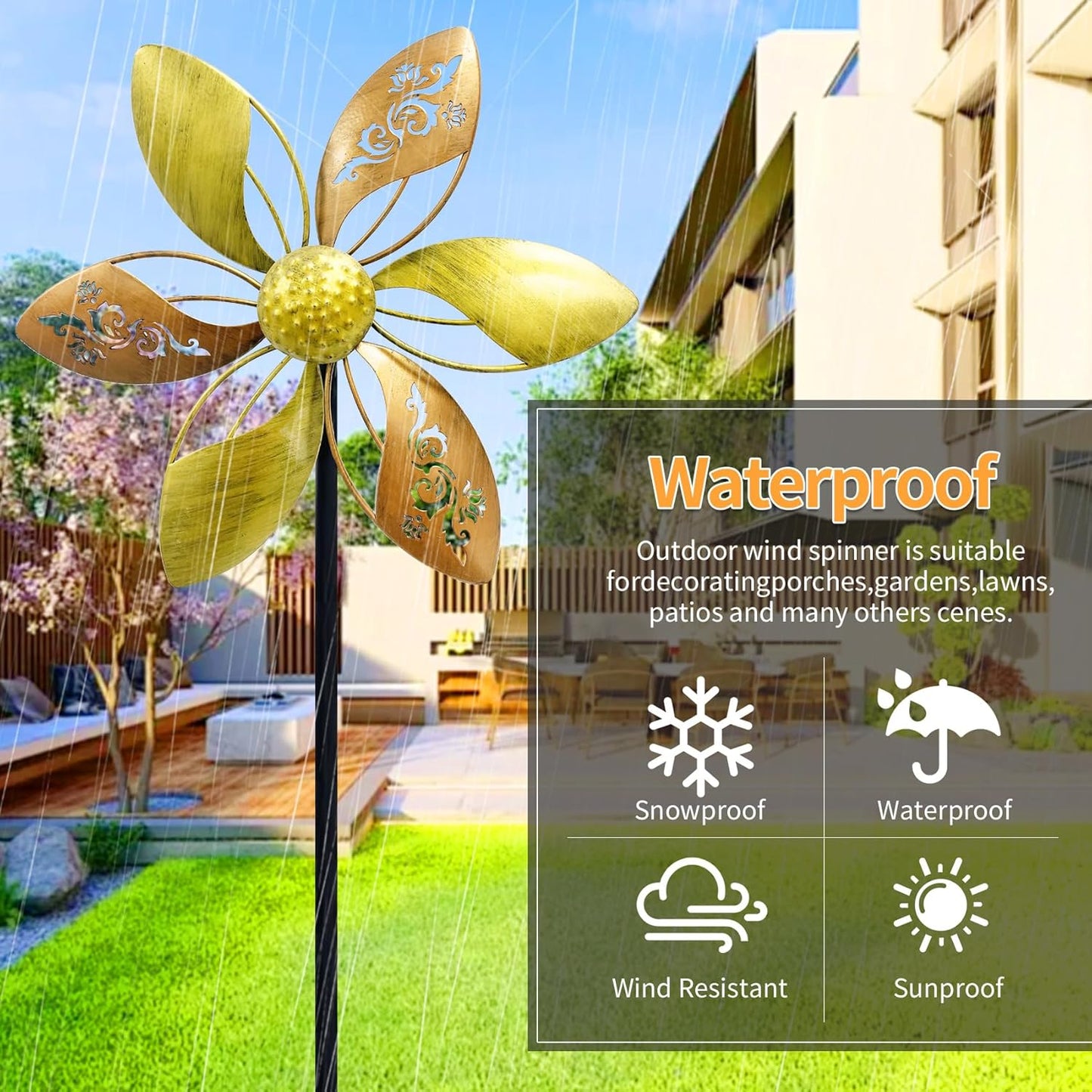 Wind Spinners Outdoor Metal, 10.63" W*37" H Pinwheels for Yard and Garden Decor, Kinetic Wind Sculpture Spinner (Gold Ornate Laser-Cut Floral)