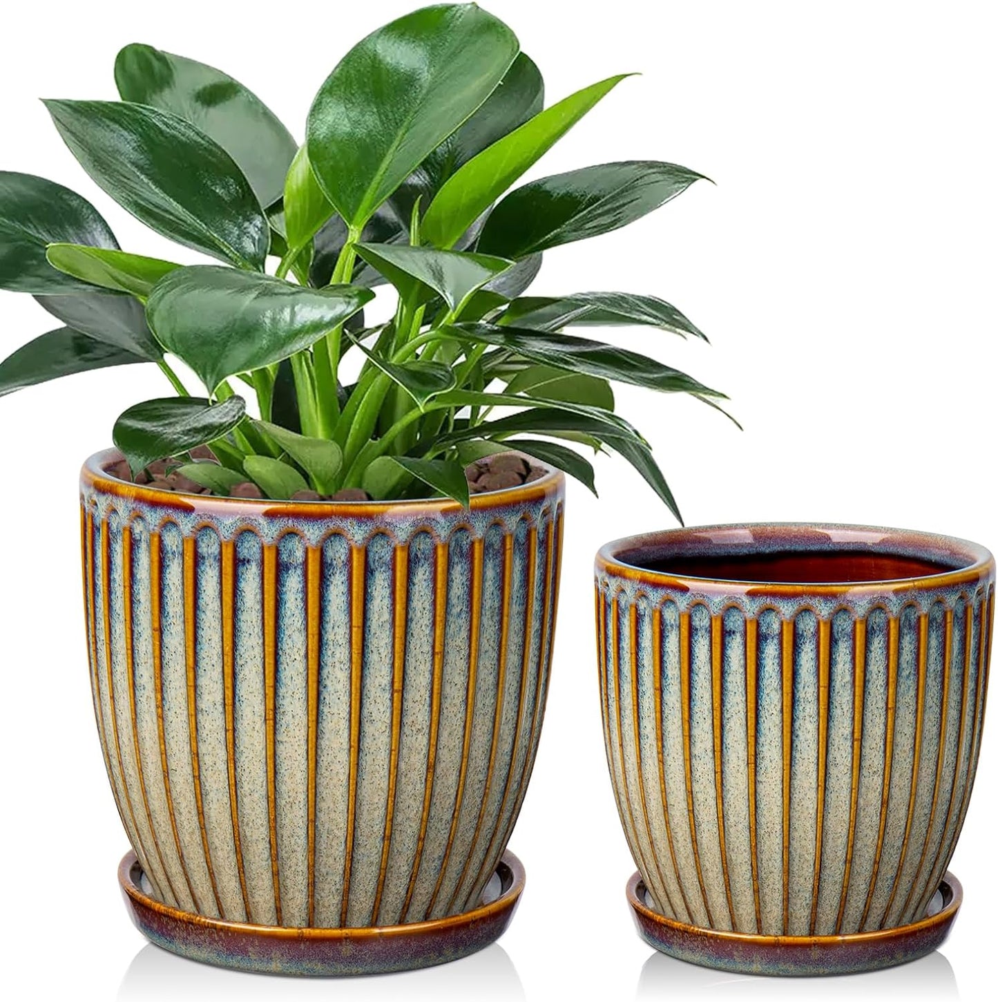 Oairse Ceramic Pots for Indoor Plants, 4.9 +5.7 inch Set of 2 Brown Plant Pots with Drainage Holes and Saucers Texture Ceramic Planters Indoor Outdoor Flower Planters for Succulent
