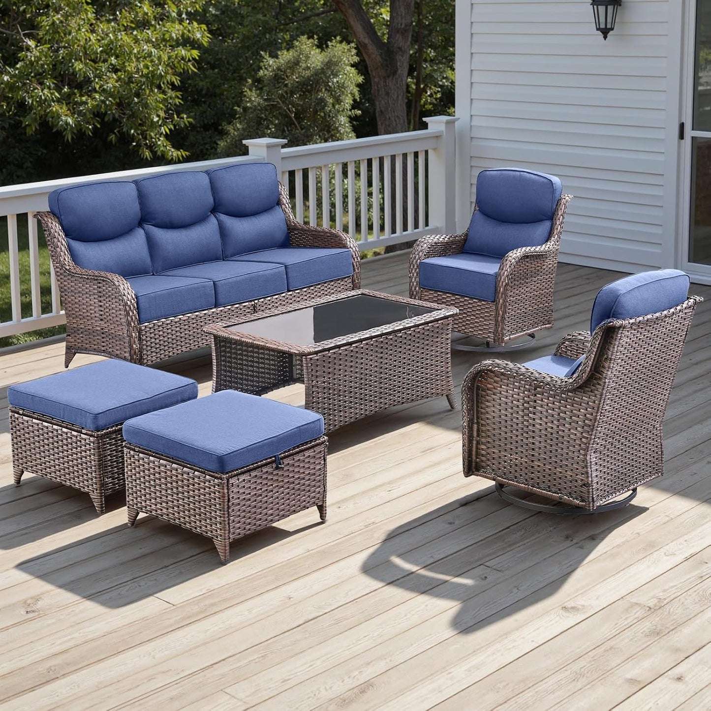 Wicker Outdoor Patio Furniture Set - 6 Piece Patio Conversation Sets with Swivel Rocker Chairs, Ottomans, Sofa and Coffee Table, 6 inch Cushions, Deep Seating, for Porch Deck Brown/Blue