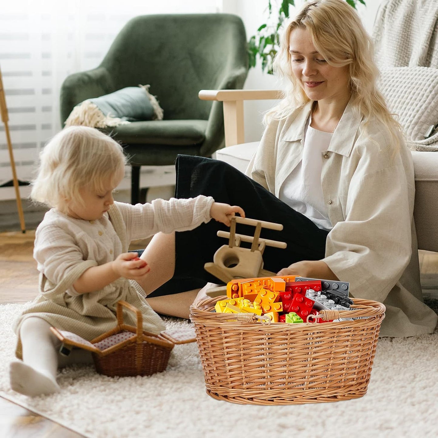 Wicker Picnic Basket with Double Folding Handles, Natural Large Willow Hamper Empty Basket Cheap Easter Eggs Candy Storage Wine Basket for Toy, Flower, Wedding（Grey 16inch）