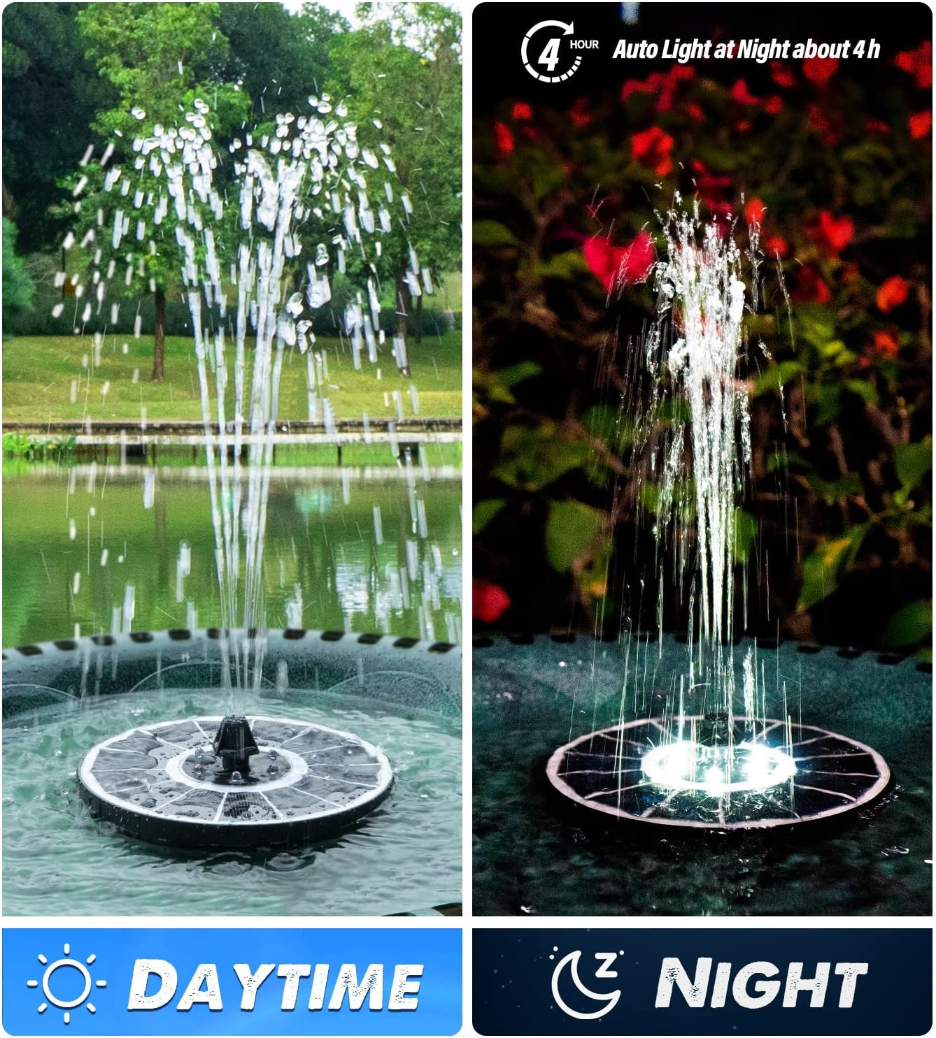 Solar Fountain Glass Panel with 2200 mah Battery, 3.5W Floating Solar Water Fountain with 4 Fixed Rods, Solar Fountain Pump for Bird Bath, Garden, Pond, Pool, Outdoor-White Lights