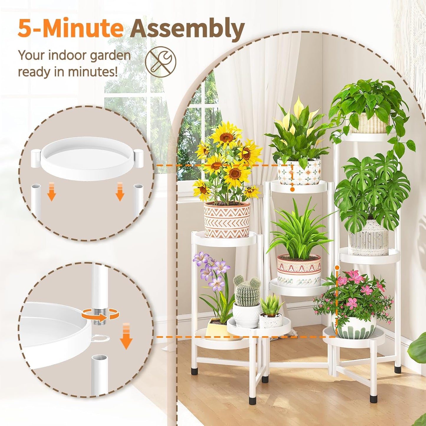LASZOLA 8 Tiered Folding Plant Stand Indoor for Multiple Large Planter, Tall Heavy Duty Adjustable Rack with Rust Proof 10 Inch Wide Tray, Sturdy Vertical Tree Organizer for Narrow Inside Floor, White