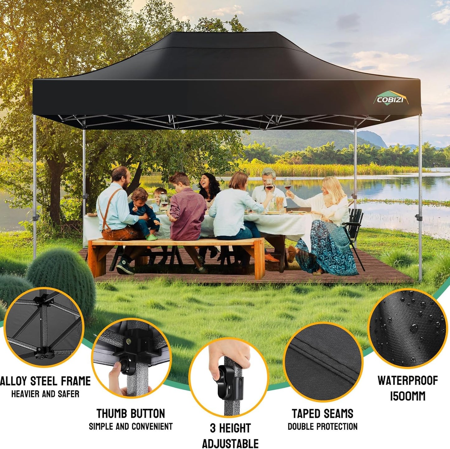 COBIZI 10x15 Pop up Canopy Heavy Duty Without Sidewalls, Easy Set-up Commercial Outdoor Party Canopy, 100% Waterproof Wedding Gazebo, 3 Height Adjustable with Handbag, Black