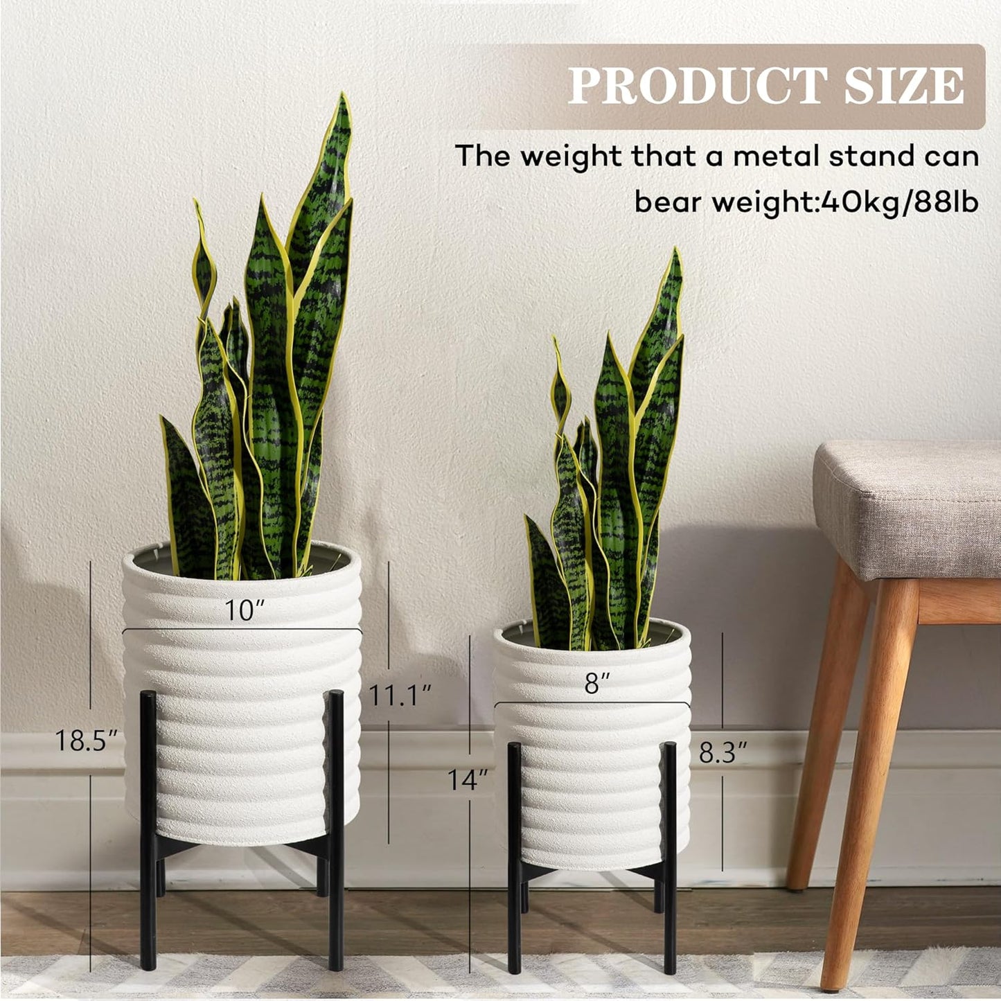 Oakrain Plants Pots with Stand, Set of 2 Indoor Planter Pots, Mid-Century Decorative Metal Flower Pots with Drainage for Living Room, Office, Garden, Balcony, 8"&10", White