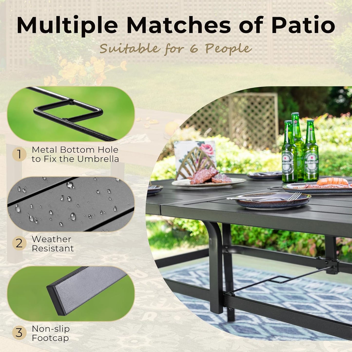 Outdoor Patio Dining Table for 6, 60" x 37" Rectangular Metal Patio Dining Table with Umbrella Hole for Garden, Backyard and Porch, Black