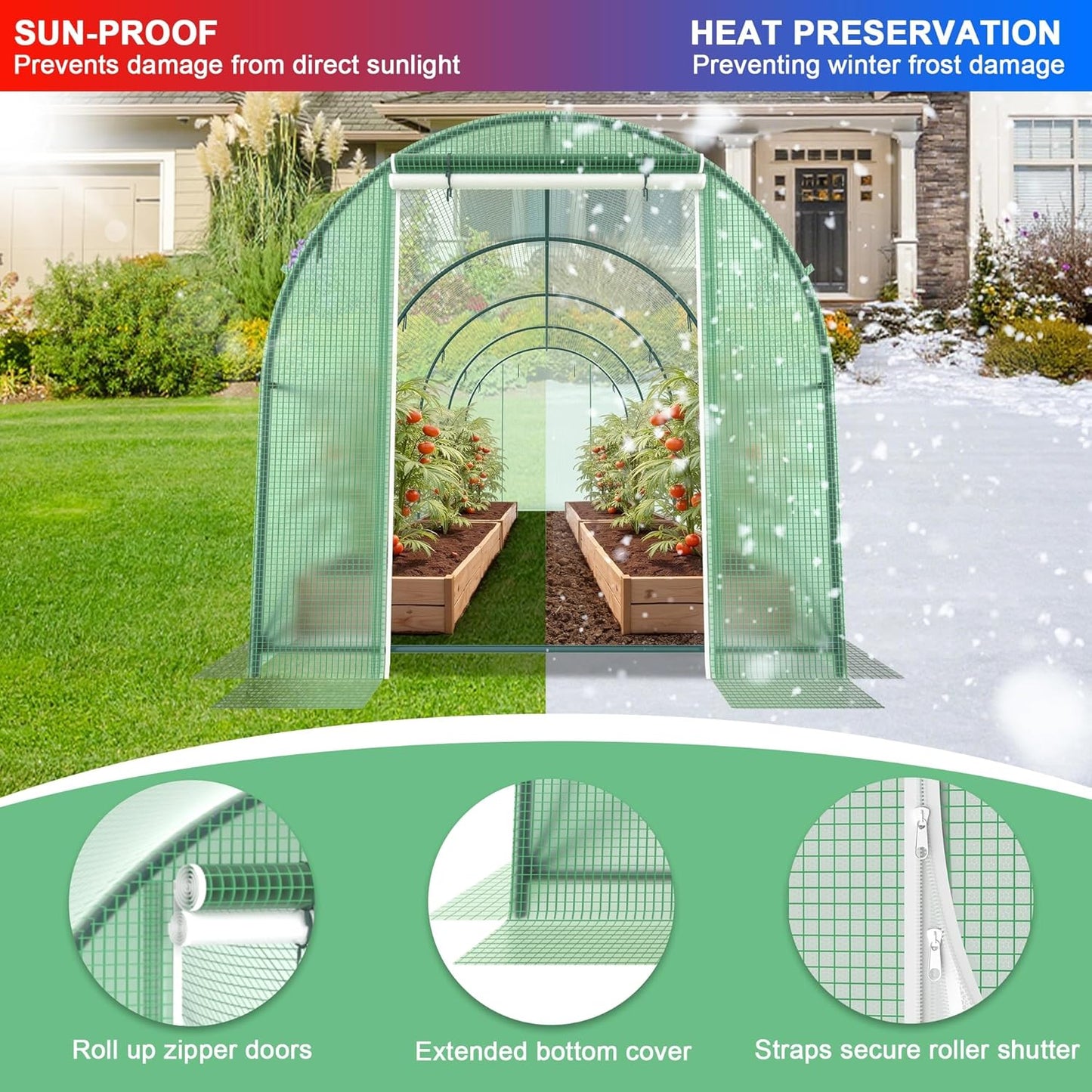 15x7x7 FT Walk-in Greenhouse for Outdoors w/ Watering System,8-Ventilated Screen Window Portable Greenhouse for Winter Plant Protection w/ 2-Zipper Door,PE Cover & Heavy Duty Frame