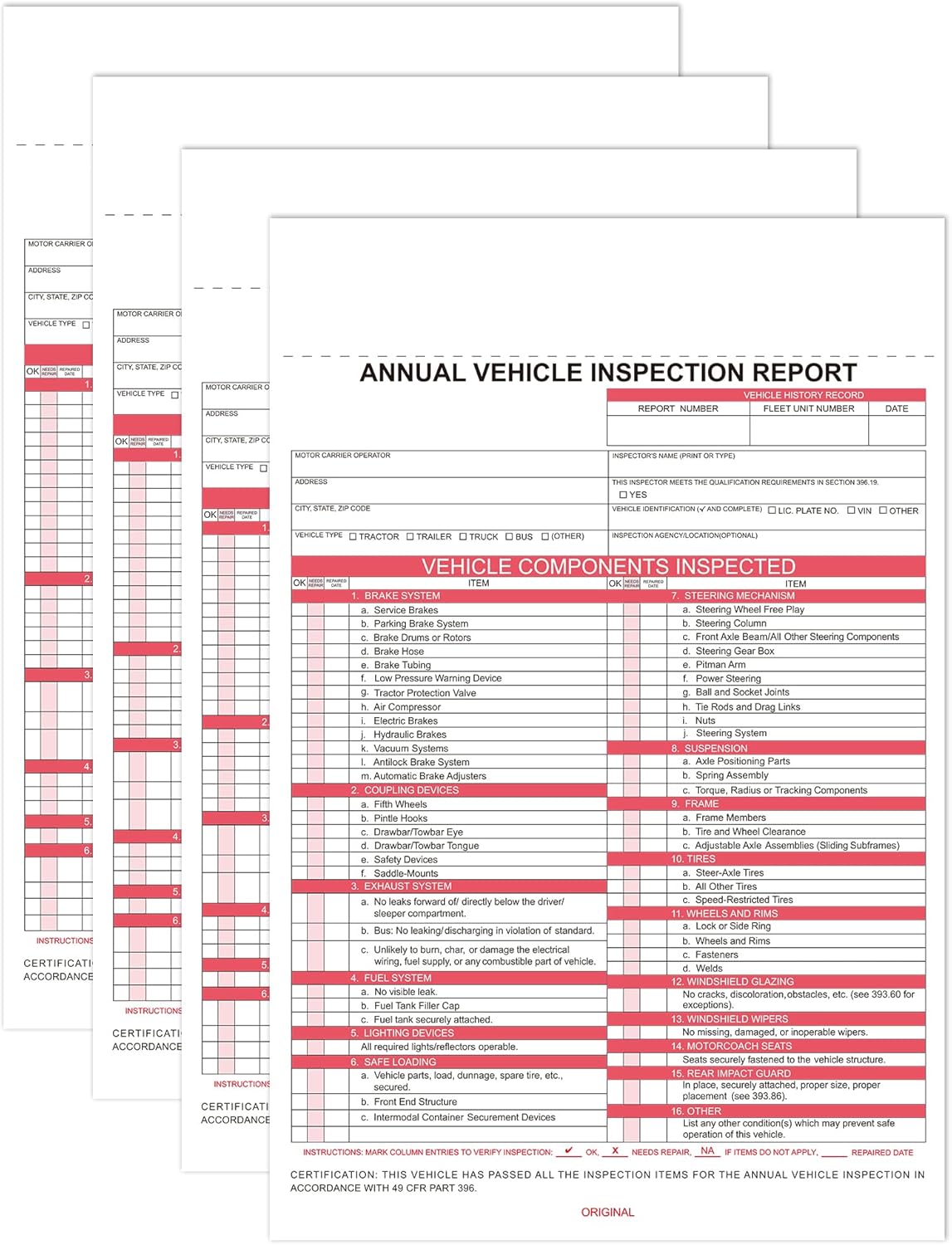 30-Pack Annual Vehicle Inspection Report Form & Adhesive Vinyl Label 2-Ply,3-Ply Carbonless Form DOT Compliant
