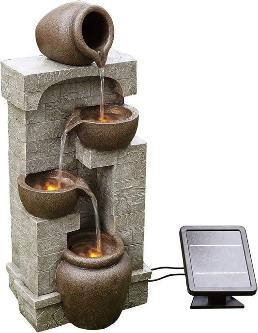 Teamson Home 28 in. Cascading Bowls and Stacked Stones LED Outdoor Water Fountain for Outdoor Living Spaces to Create a Calming Oasis in Gardens and Landscaping, on Patios, Balconies, Lawns, Brown