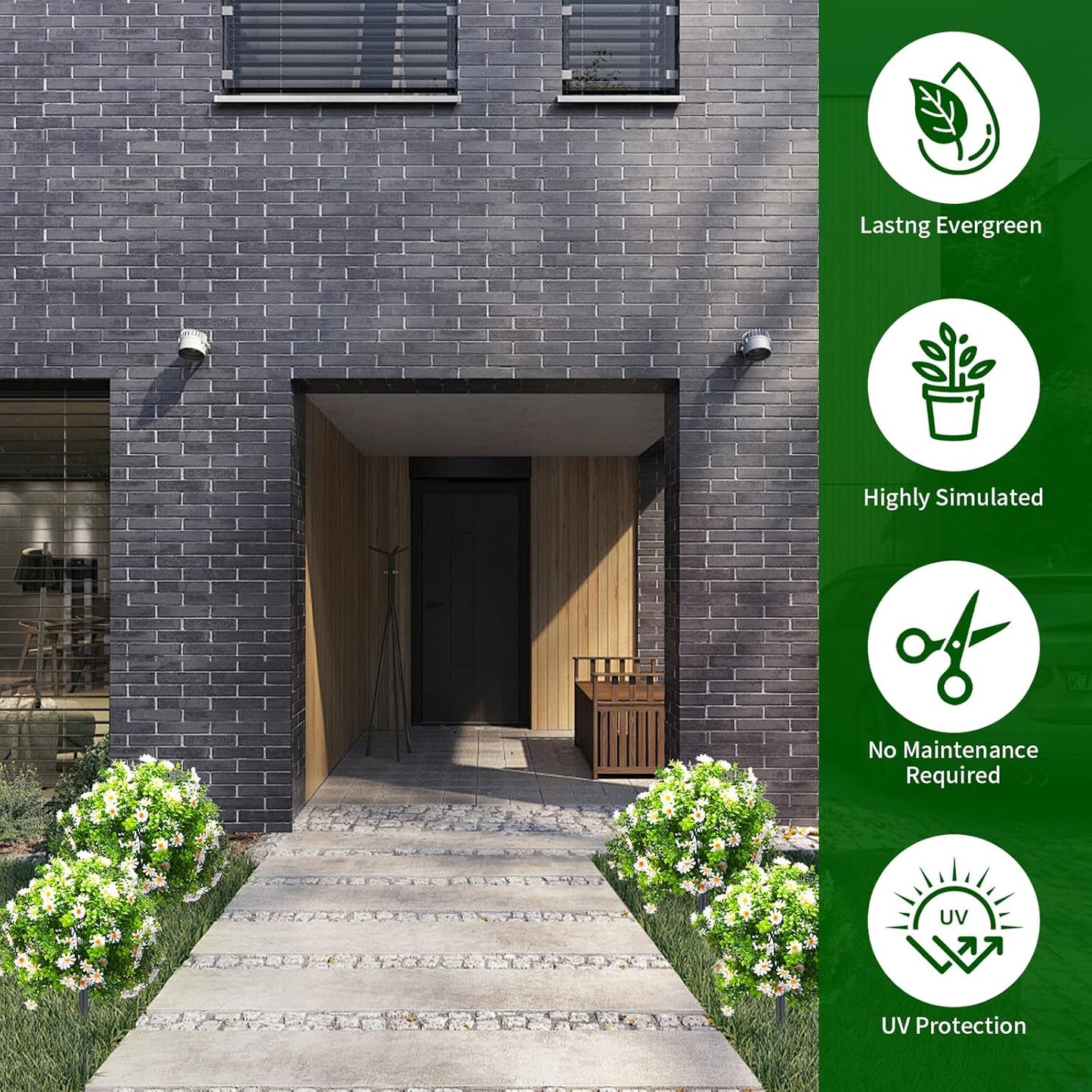 23.6" Artificial Boxwood Topiary Ball Trees with White Flowers, Set of 2 UV Resistant No Fade Outdoor Faux Plants with Ground Spike, Fake Shrubs for Garden, Patio, Porch, Yard, Indoor Decor