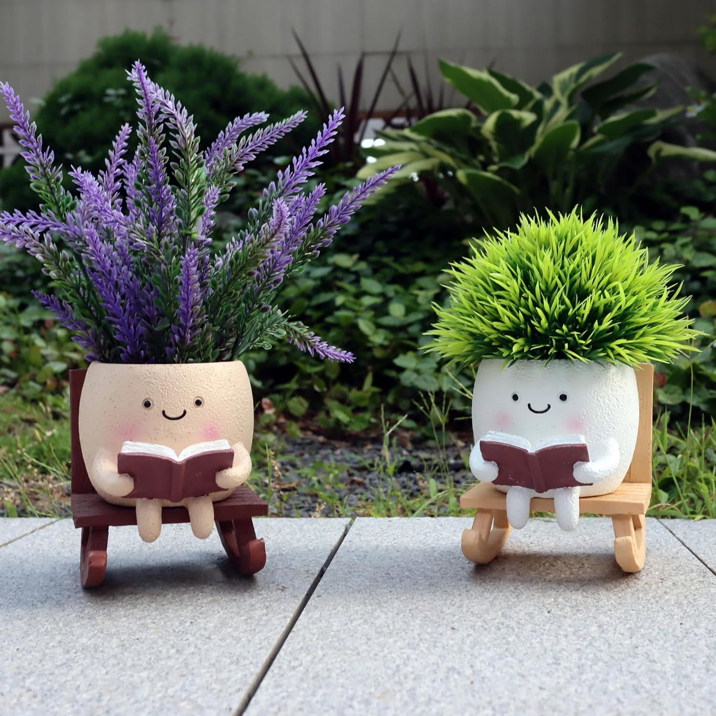 Cute Face Planters Succulent Pots, Funny Rocking Chair Reading Head Flower Planter Cactus Pot with Drainage Hole for Indoor Outdoor Plants, Unique Plant Lover Gifts