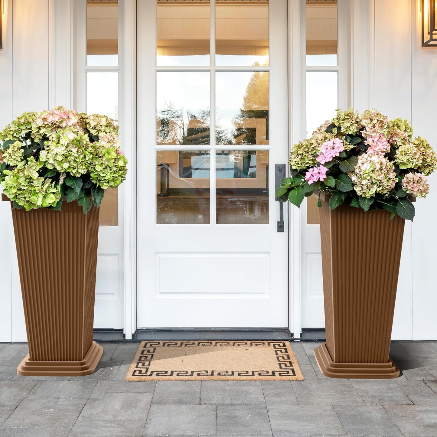 Set of 2 Tall Planters, 24" Large Indoor Outdoor Flower Pots with Tray, Modern Tapered Planters for Porch, Patio, Garden, Backyard