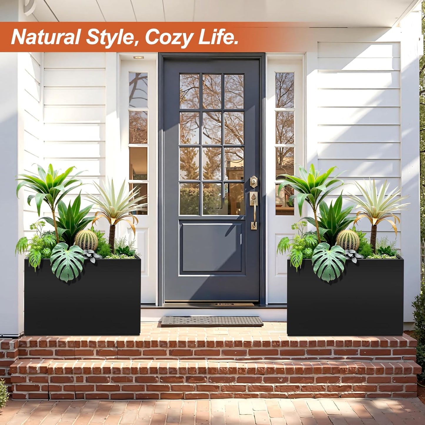 Metal Rectangular Planter for Outdoor Plants, Coated Large Planter Box with Drainage, Outdoor Patio PLanters with Sturdy Thickened Divider for Yard, Garden