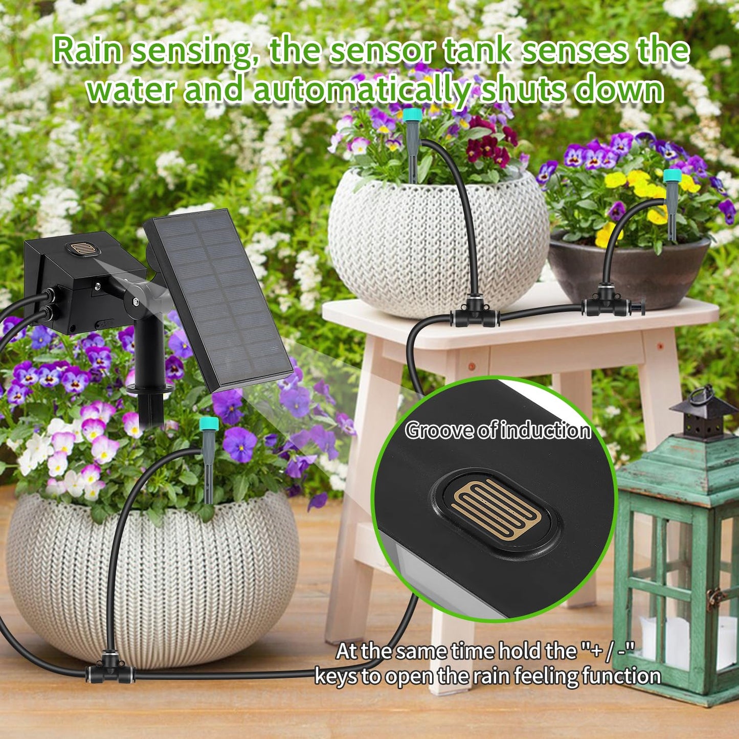 Solar drip Irrigation System, Solar Automatic palnt Waterer for Outdoor Garden, Irrigation System for Vacation,Drip Irrigation Kit with 2200mAh Battery&Rain Sensing &LCD Screen