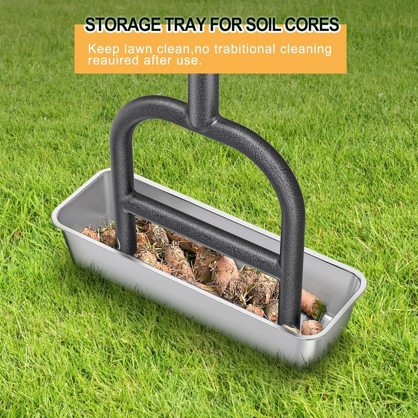 Dolibest Lawn Coring Aerator, Manual Lawn Aerator,4 Stainless Steel Corer Plug Aerator with Soil Core Storage Tray, Pre-Assembled Manual Grass Aerating Tool & Clean Hand Tool, Improving Lawn Health
