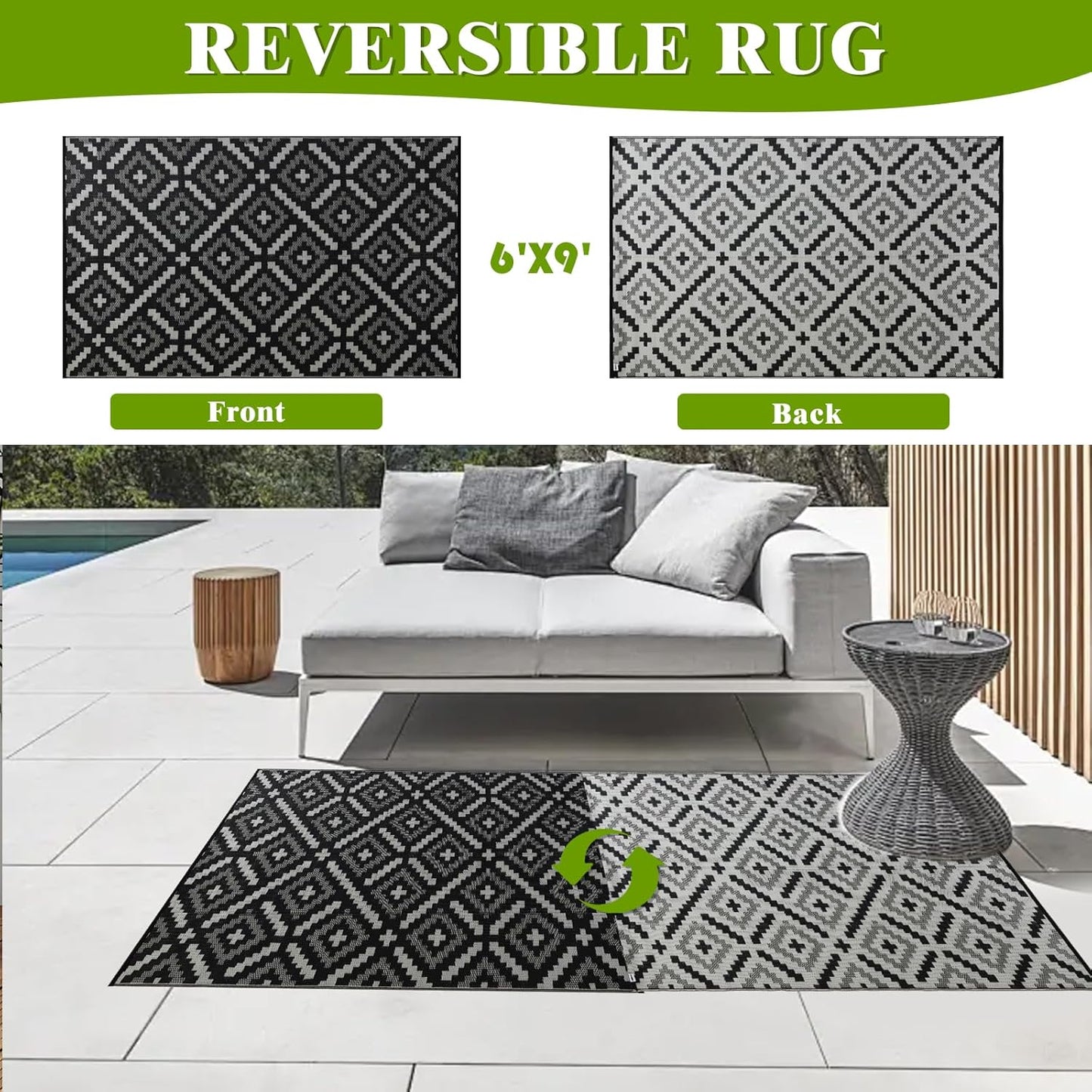 Outdoor Rug 6x9 ft Waterproof, Reversible Outdoor Plastic Straw Rug for Patios Clearance, Outdoor Area Rug Carpet RV Mat for Camping Backyard Deck Porch