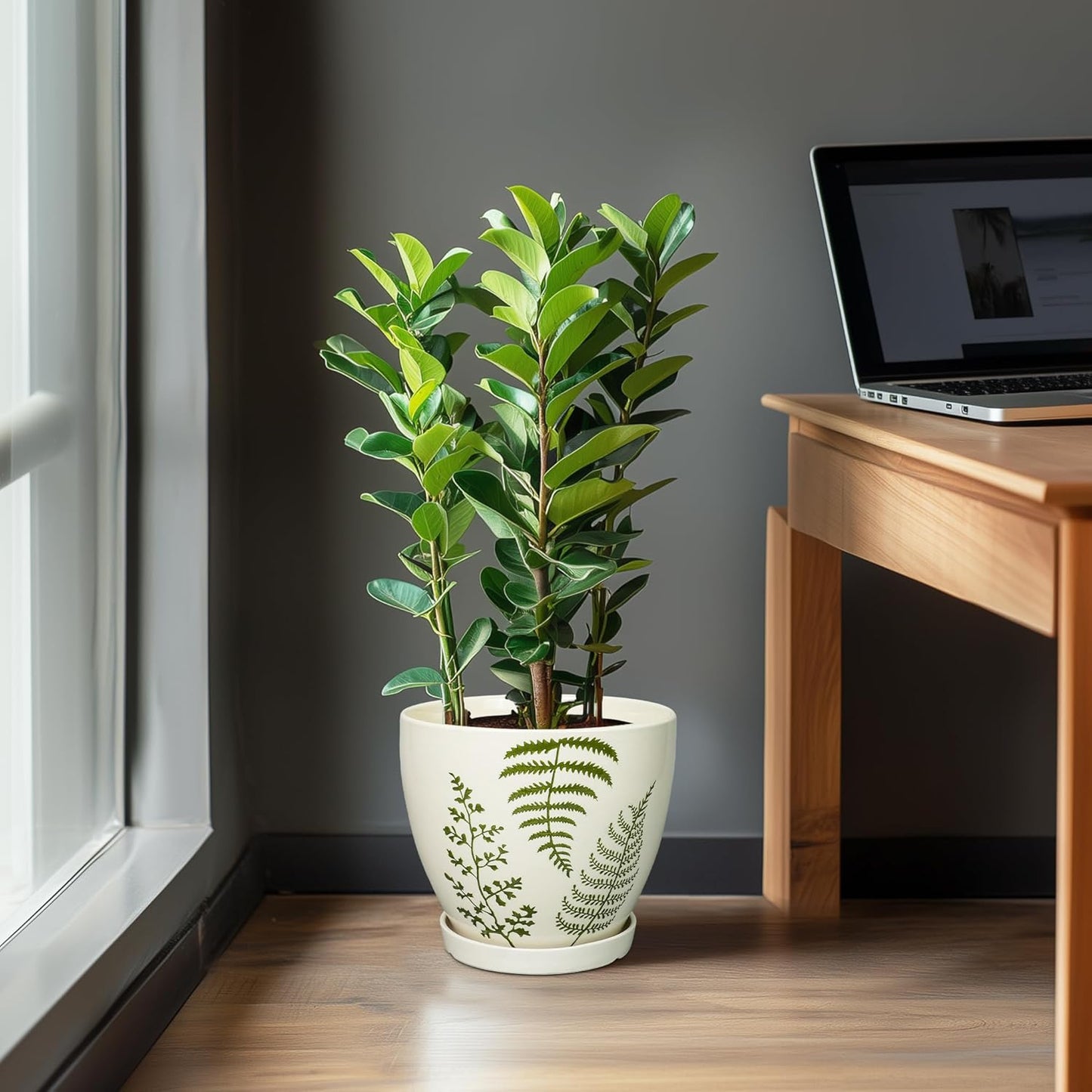 Ceramic Planter - 10 Inch Plant Pot for Outdoor Flowers with Drainage Hole and Saucer, Boho Round Decorative Indoor Flower Pot, Gifts for Plants Lovers, Home Patio Garden Room Decor, White