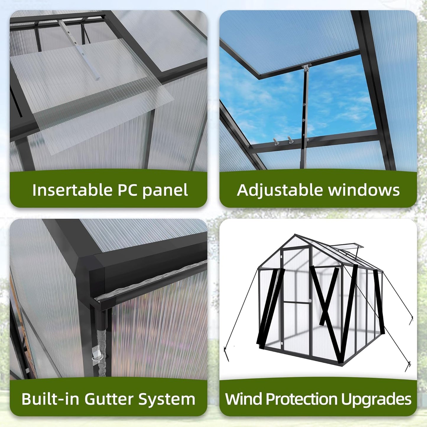 7.2FT High 6*10.2FT Greenhouse for Outdoors,Polycarbonate Greenhouse with Stronger Wind Protection and Roof Vent,Walk-in Large Aluminum Sunroom Winter Proof,Black