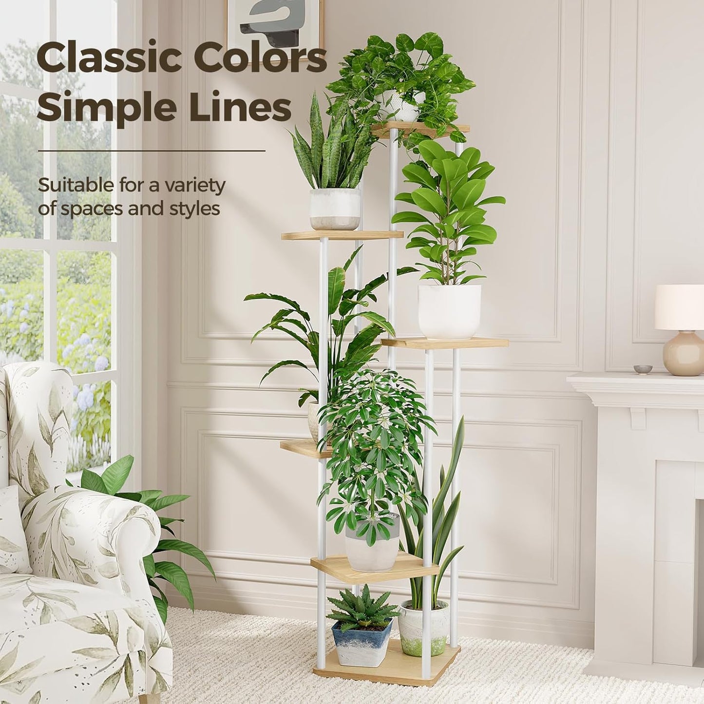 Bamworld Tall Plant Stand Indoor 6 Tier Metal Plant Shelf for Large Plants Corner Tiered Flower Stand for Patio Garden Balcony Living Room Bedroom White