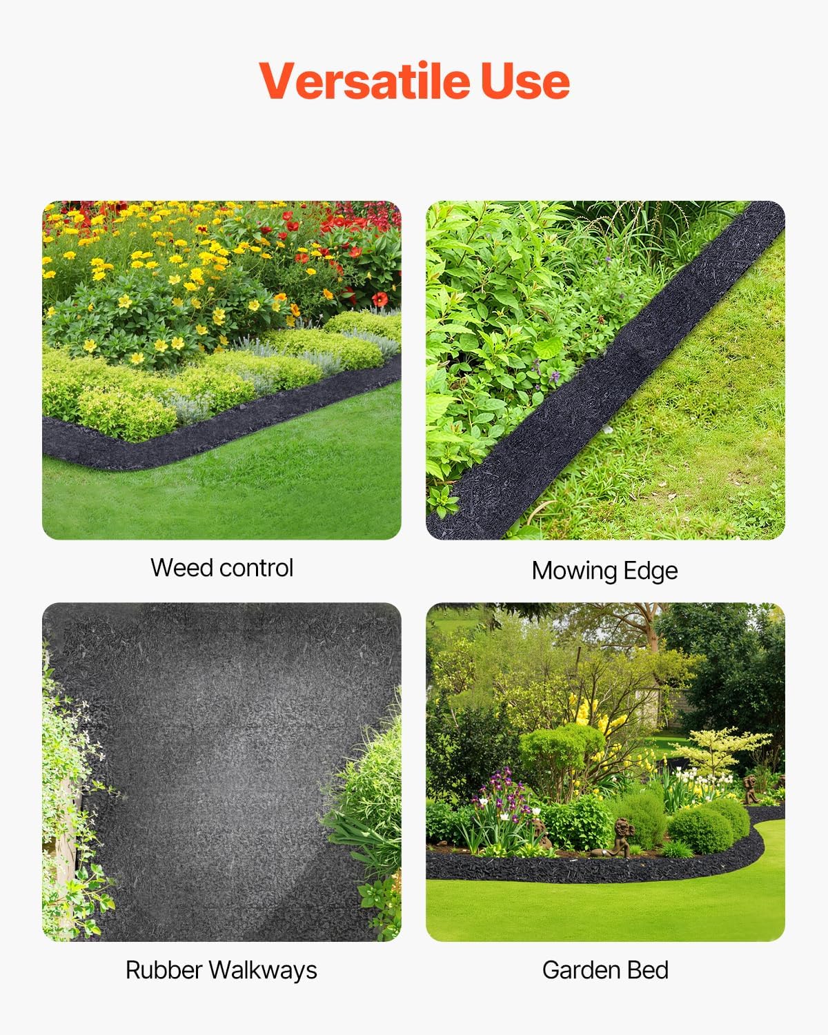 VEVOR 4-Pack Recycled Rubber Mulch Mat 120 x 4.5 in, Permanent Rubber Mulch for Landscaping, Black Mulch Garden Edging Border for Plants, Vegetables & Flower Garden Barrier