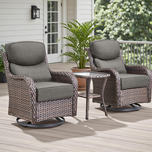 Outdoor Patio Swivel Rocker Chairs Set of 2, Waterproof Wicker, High Back, Deep Seating, Wide Armrest, Upgraded 6 inch Thick Cushions, Side Table, Ideal for Deck Porch Yard, Brown-Grey