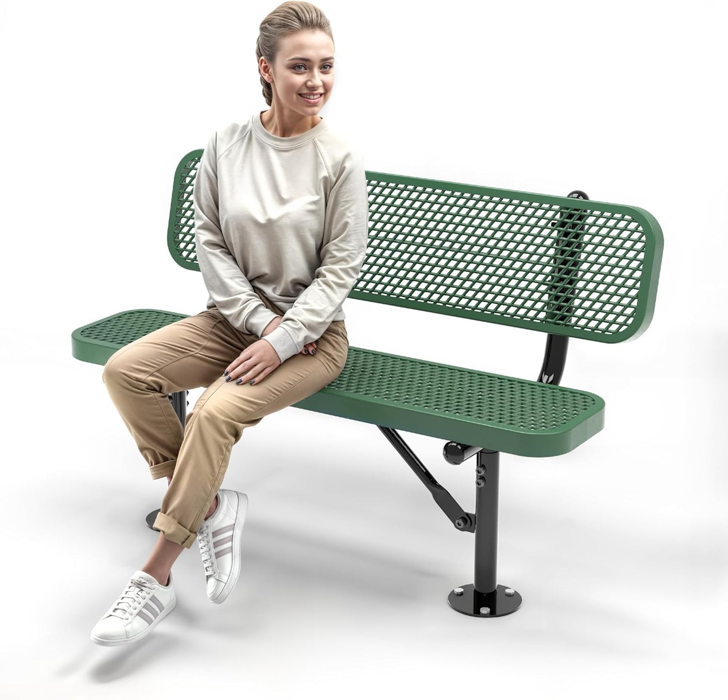 Heavy-Duty Outdoor Metal Bench, Thermoplastic-Coated, Surface, Weatherproof, Commercial-Grade for Parks, Gardens, Patios, Stores & More (4 Ft - Surface with Back, Green)