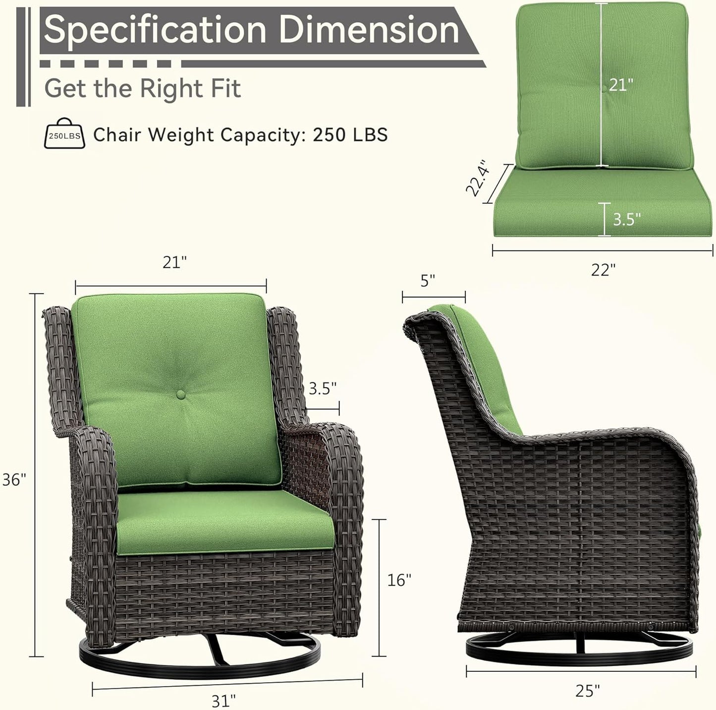 Outdoor Swivel Rocker Patio Chairs Set of 2 - Outdoor Wicker Patio Conversation Sets 2 Pieces with Olefin Fabric Cushions Suitable for Backyard Deck and Porch, Green