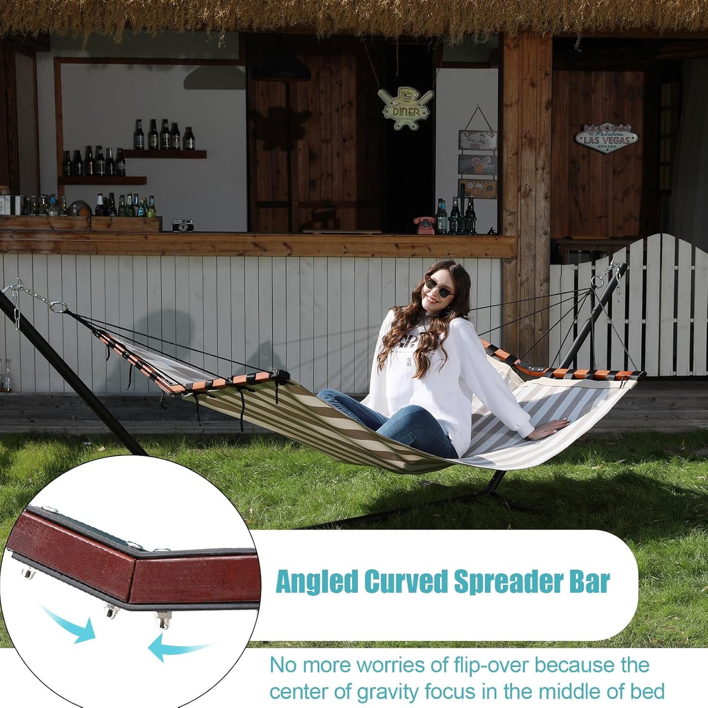 TegerDeger 12FT 2 Person Hammock Large Hammock Quick Dry 450LB Capacity with V Shaped Hardwood Spreader Bar & Nylon Rope for Outside, Patio, Garden, Backyard, Beach, Poolside - Beige Stripes