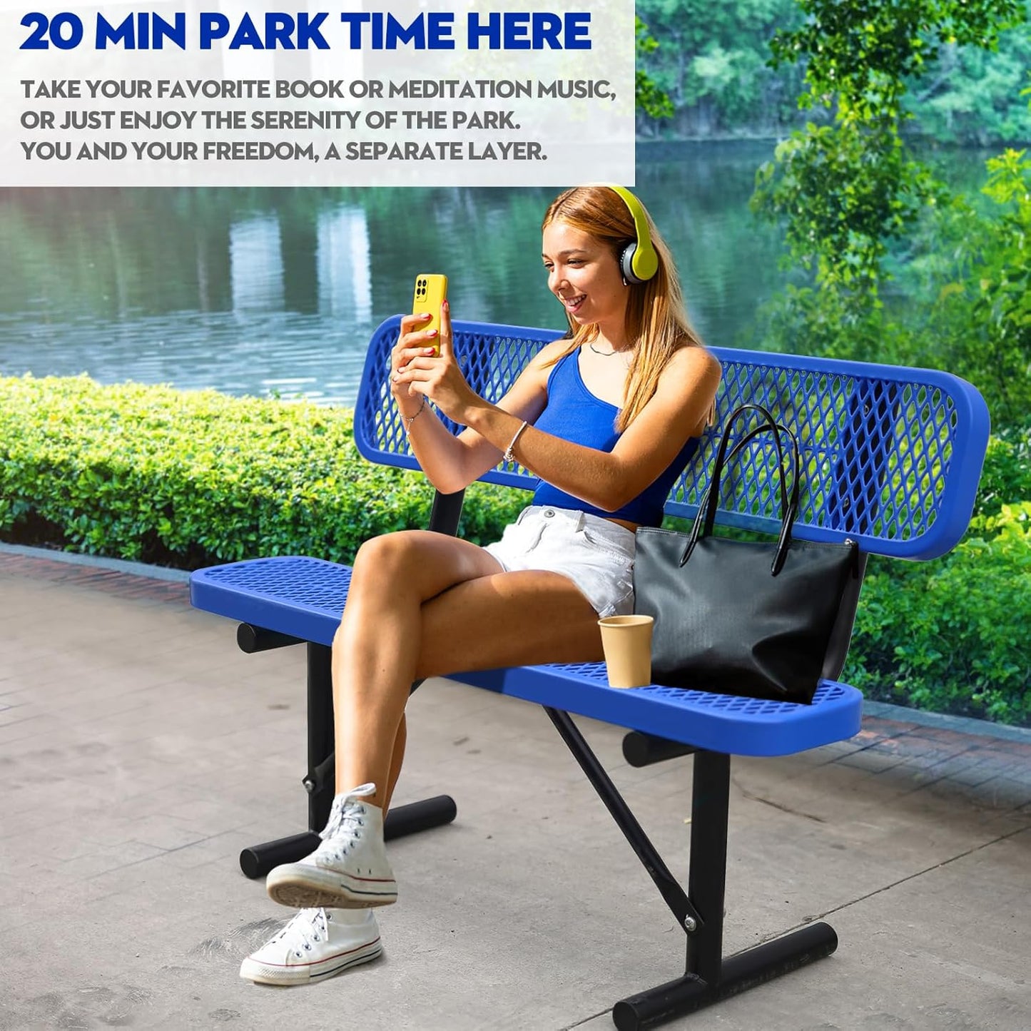 Drexo 4FT Heavy Duty Park Bench with Back Portable Frame, Outdoor Metal Park Bench with Backrest, Steel Mesh Outdoor Bench for Garden, Lawn, Patio, Porch, Park, Yard (Blue, 4FT)