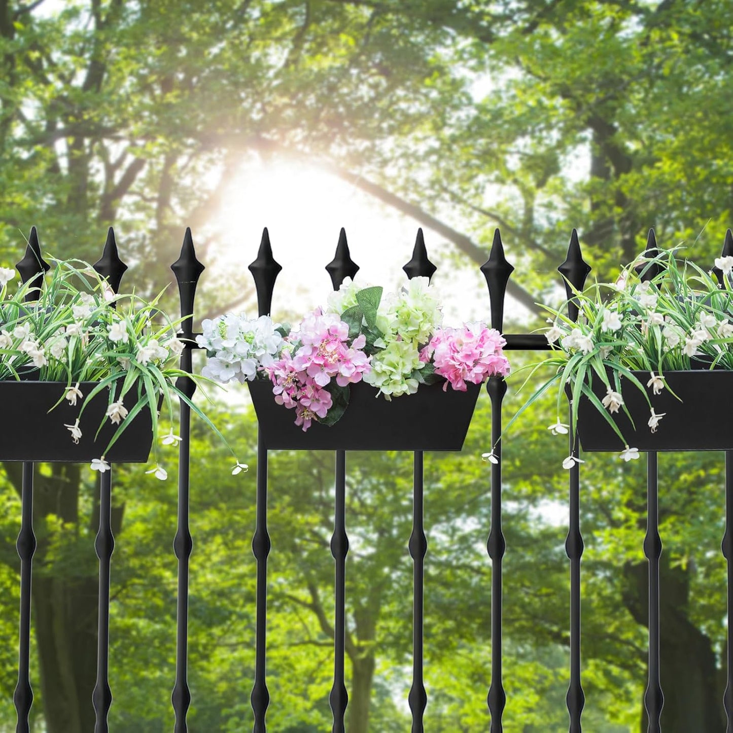 Railing Planters Outdoor Balcony 16 Inch Deck Over The Railing Planter Boxes Hanging Planters for Fence Flower 5 Pcs (Black)